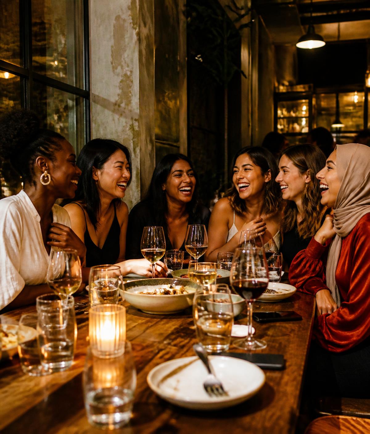 Six women laughing together over dinner at a restaurant